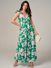 WOMEN'S SLEEVELESS V-NECK BACK TIE FLORAL MAXI DRESS
