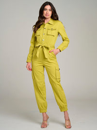 WOMEN'S LONG SLEEVE BUTTON UP SELF TIE POCKETS JOGGER LEG JUMPSUIT