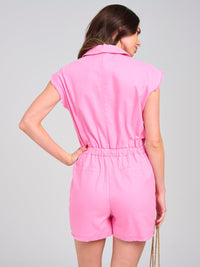 WOMEN'S RAW EDGE SLEEVES BUTTON UP POCKETS DENIM ROMPER