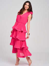 WOMEN'S SLEEVELESS SURPLICE RUFFLE TIERED PLEATED MAXI DRESS