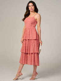 WOMEN'S SLEEVELESS RUFFLE TIERED SWISS DOTS MIDI DRESS