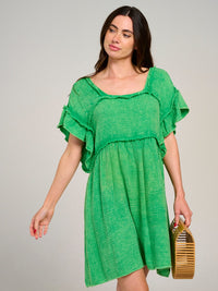 WOMEN'S SHORT RUFFLE SLEEVE TUNIC WASHED MINI DRESS