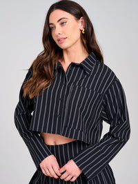 WOMEN'S LONG SLEEVE BUTTON UP FRONT POCKET STRIPES TOP