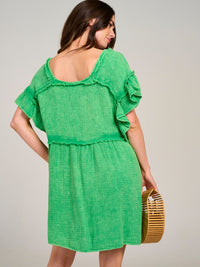 WOMEN'S SHORT RUFFLE SLEEVE TUNIC WASHED MINI DRESS