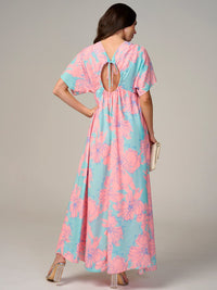 WOMEN'S SHORT SLEEVE V-NECK OPEN BACK FLORAL MAXI DRESS
