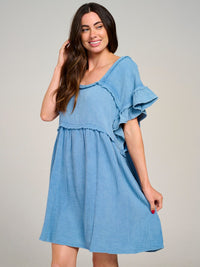 WOMEN'S SHORT RUFFLE SLEEVE TUNIC WASHED MINI DRESS