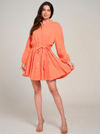 WOMEN'S LONG SLEEVE BUTTON UP SELF TIE MINI DRESS