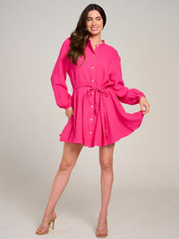 WOMEN'S LONG SLEEVE BUTTON UP SELF TIE MINI DRESS