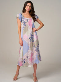 WOMEN'S SHORT SLEEVE BACK TIE MULTI PRINT MIDI DRESS