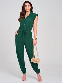 WOMEN'S SLEEVELESS V-NECK BUTTON UP ELASTIC WAIST POCKETS JOGGER JUMPSUIT