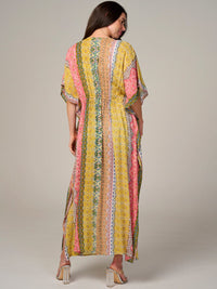 WOMEN'S SHORT SLEEVE SELF TIE MULTI PRINT KIMONO