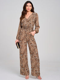 WOMEN'S LONG SLEEVE SURPLICE ELASTIC WAIST POCKETS WIDE LEG ANIMAL PRINT JUMPSUIT
