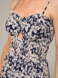 WOMEN'S SLEEVELESS SMOCK WAIST CUT OUT FLORAL MINI DRESS