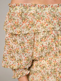 WOMEN'S LONG SLEEVE OFF SHOULDER SMOCK WAIST FLORAL MAXI DRESS