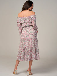 WOMEN'S LONG SLEEVE OFF SHOULDER SMOCK WAIST FLORAL MAXI DRESS