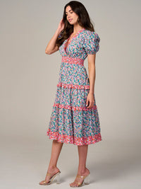 WOMEN'S SHORT SLEEVE SURPLICE SMOCK WAIST TIERED FLORAL MIDI DRESS