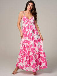 WOMEN'S SLEEVELESS V-NECK TIERED FLORAL MAXI DRESS