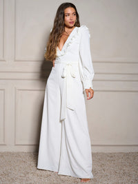 WOMEN'S LONG SLEEVE V-NECK RUFFLE SELF TIE WIDE LEG JUMPSUIT
