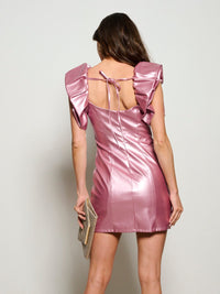 WOMEN'S SHORT PUFF SLEEVE SQUARE NECK PU METALLIC MINI DRESS