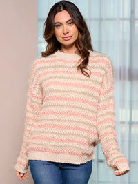 WOMEN'S LONG SLEEVE COLORBLOCK FUZZY STRIPES PULLOVER SWEATER