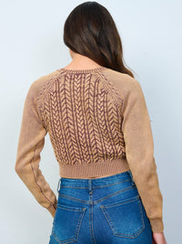 WOMEN'S LONG SLEEVES BUTTON UP CABLE KNIT CROP TOP
