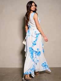 WOMEN'S SLEEVELESS V-NECK RUFFLE PRINTED MAXI DRESS