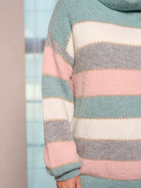 WOMEN'S LONG SLEEVE COLORBLOCK STRIPES TURTLE NECK PULLOVER SWEATER