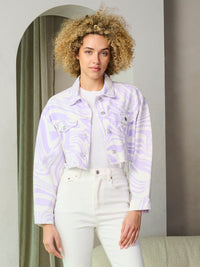 WOMEN'S LONG SLEEVE BUTTON CLOSURE TIE DYE DENIM CROP JACKET