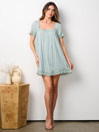 WOMEN'S SHORT SLEEVE SQUARE NECK TRIM DETAILED TUNIC MINI DRESS