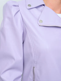 WOMEN'S LONG SLEEVE ZIP UP FRONT POCKETS PU PLEATHER BELTED JACKET