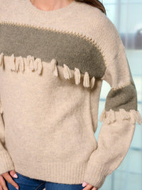 WOMEN'S LONG SLEEVE COLORBLOCK FRINGE PULLOVER SWEATER