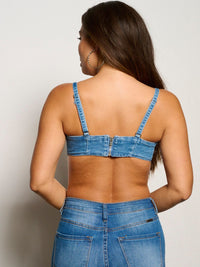 WOMEN'S SLEEVELESS FLOWER DETAILED DENIM CROP TOP