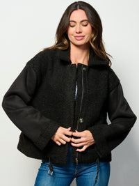 WOMEN'S LONG SLEEVE BUTTON CLOSURE POCKETS SHERPA JACKET