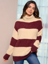 WOMEN'S LONG SLEEVE TURTLE NECK COLORBLOCK PULLOVER SWEATER