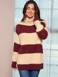 WOMEN'S LONG SLEEVE TURTLE NECK COLORBLOCK PULLOVER SWEATER