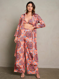 WOMEN'S CROP TOP WITH KIMONO & PANTS MULTI PRINT 3PC. SET