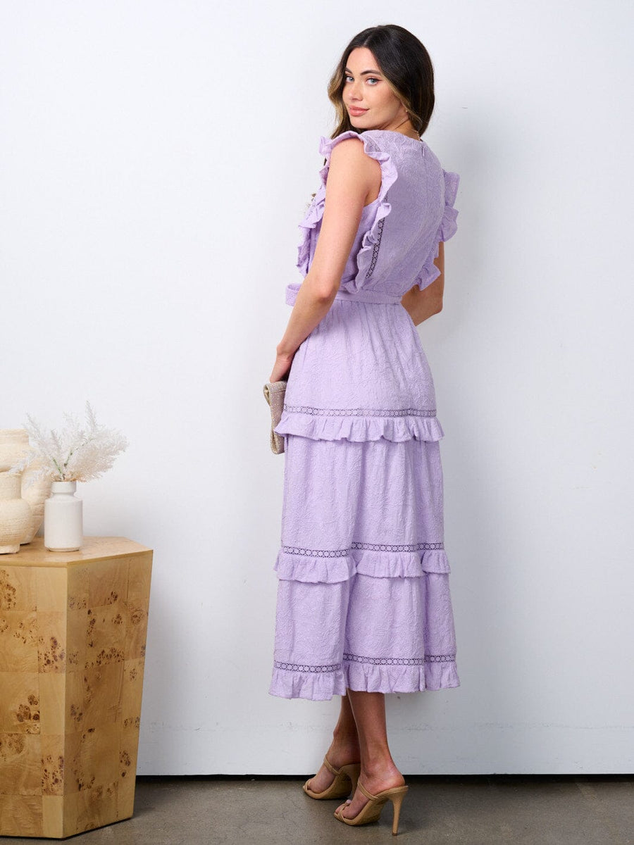 Long Sleeve V-Neck Plain Ruffle Tiered Lace Maxi A-Line Dress