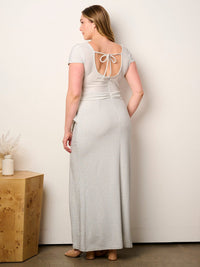 PLUS SIZE SHORT SLEEVE SLIT BODYCON V-NECK SHIMMER MAXI DRESS