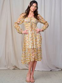WOMEN'S LONG SLEEVE ELASTIC WAIST FLORAL MIDI DRESS
