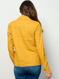WOMEN'S LONG SLEEVE BUTTON UP FRONT POCKETS LINEN TOP
