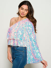 WOMEN'S ONE SHOULDER TIERED SEQUINS BLOUSE TOP