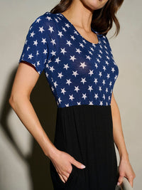 WOMEN'S SHORT SLEEVE POCKETS STARS PRINT MAXI DRESS