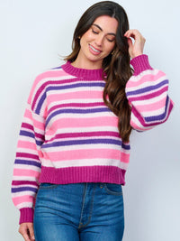 WOMEN'S LONG SLEEVE COLORBLOCK STRIPES PULLOVER SWEATER