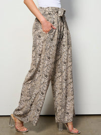 WOMENS ELASTIC WAIST SELF TIE POCKETS SNAKE PRINT WIDE LEG PANTS