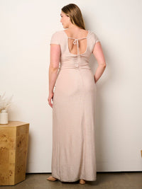 PLUS SIZE SHORT SLEEVE SLIT BODYCON V-NECK SHIMMER MAXI DRESS