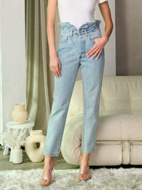 WOMEN'S BUTTON CLOSURE HIGH WAIST DENIM PANTS