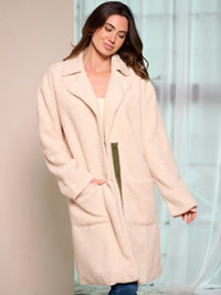 WOMEN'S LONG SLEEVE BUTTON CLOSURE FRONT POCKETS SHERPA COAT