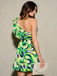 WOMEN'S ONE SHOULDER SLEEVELESS RUFFLE PRINTED MINI DRESS