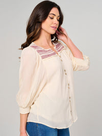 WOMEN'S 3/4 PUFF SLEEVE BUTTON CLOSURE DETAILED BLOUSE