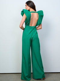 WOMEN'S RUFFLE SLEEVES V-NECK FRONT SLIT OPEN BACK WIDE LEG JUMPSUIT